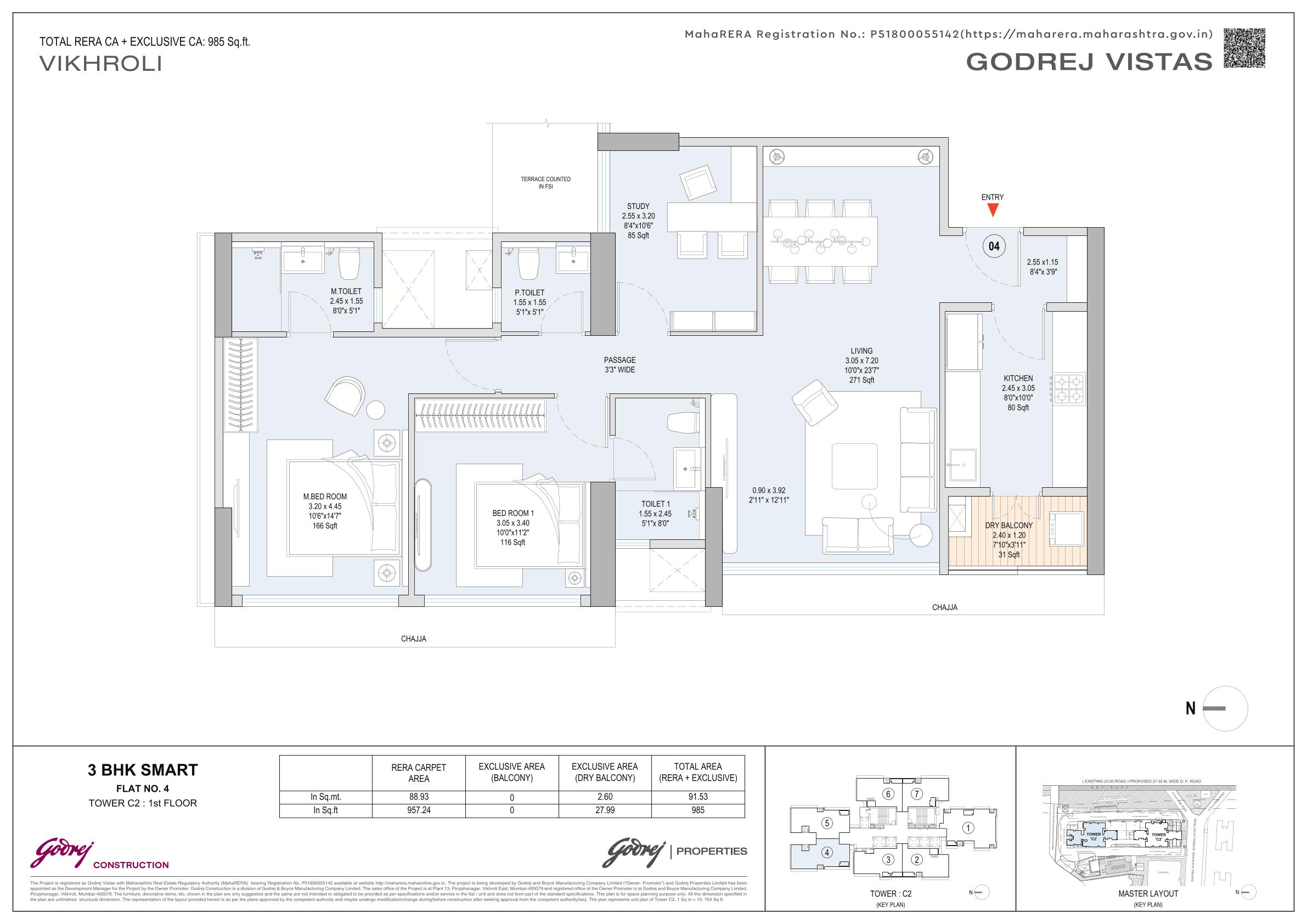 3 BHK Smart ~985 sqft